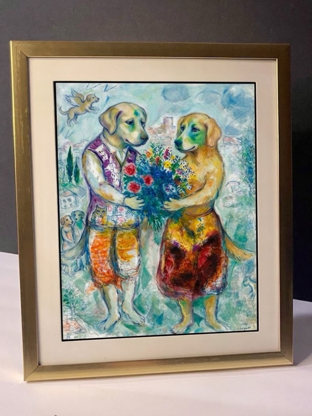 Marc Chagall–Style framed print – anthropomorphic golden retrievers (8”x10”)